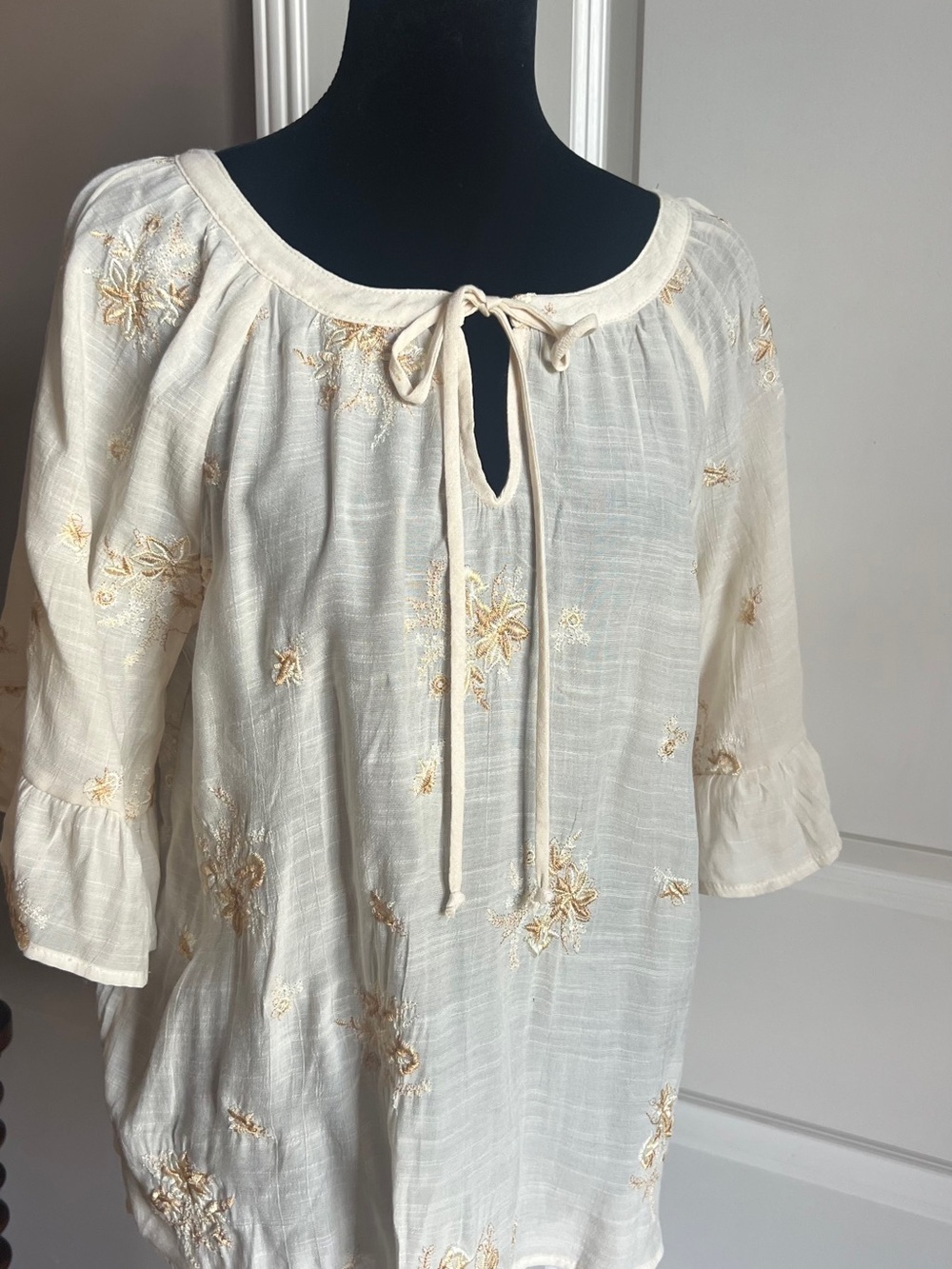 Cream Embroidered Peasant Blouse with Tie Neck